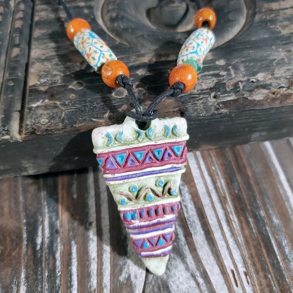 Artisan Tribal Triangle Unglazed Clay Green Purple Multicolor Pendant Necklace